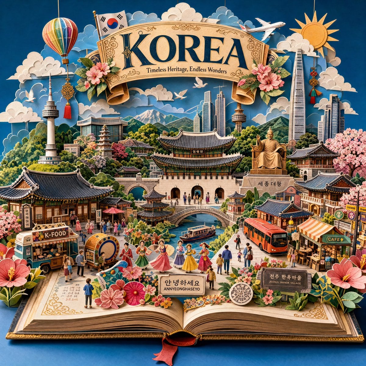 Create an ultra-detailed handcrafted 3D pop-up storybook travel illustration of [Destinat…