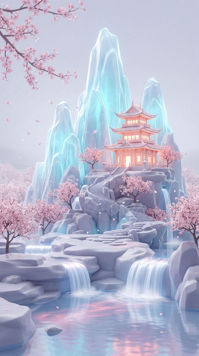 A dreamy pastel fantasy landscape in a vertical composition, showing a glowing East Asian…