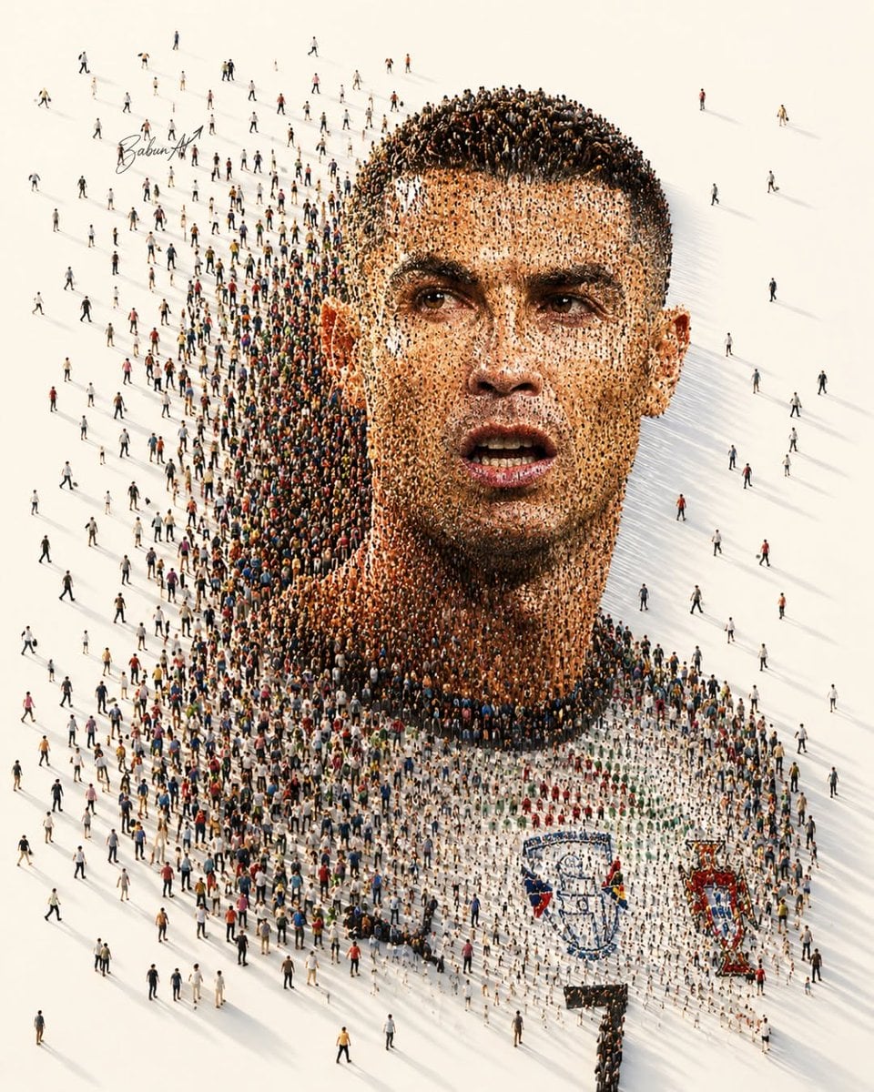 Ultra-detailed crowd mosaic portrait of a legendary football player, created entirely fro…