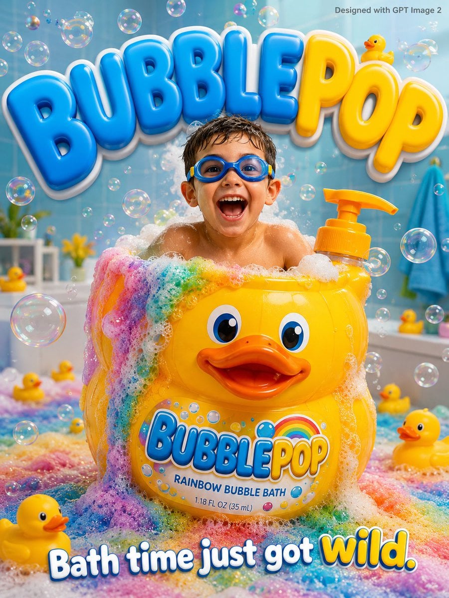A fun bubbly kids advertisement poster. An excited young boy age 5 in swimming goggles si…