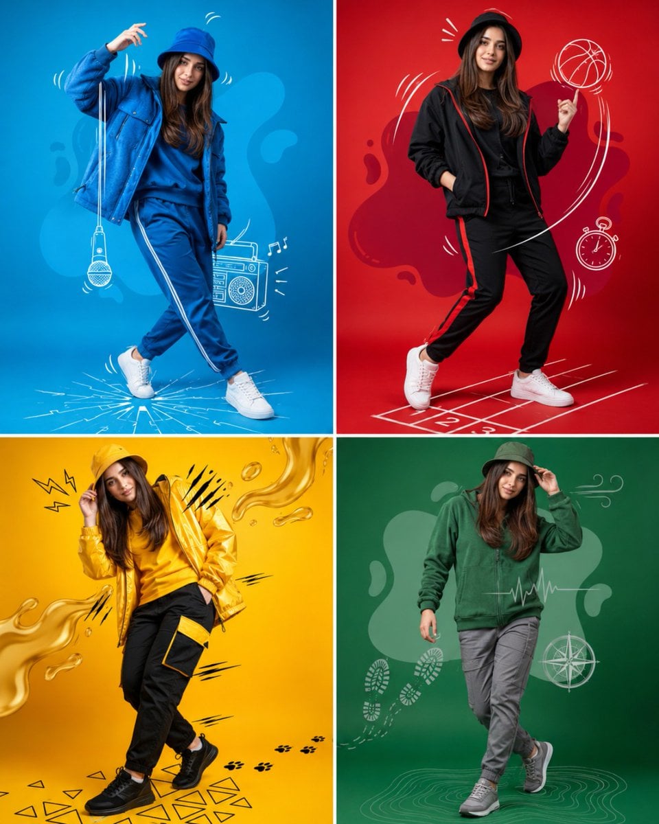 Create a high-end fashion advertising poster inspired by colorful sportswear campaigns. F…