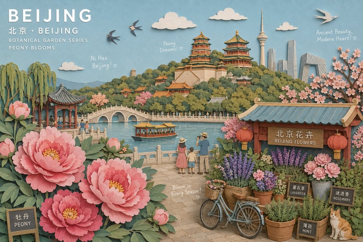 Create a museum-quality handcrafted 3D paper-collage botanical travel poster of [City Loc…