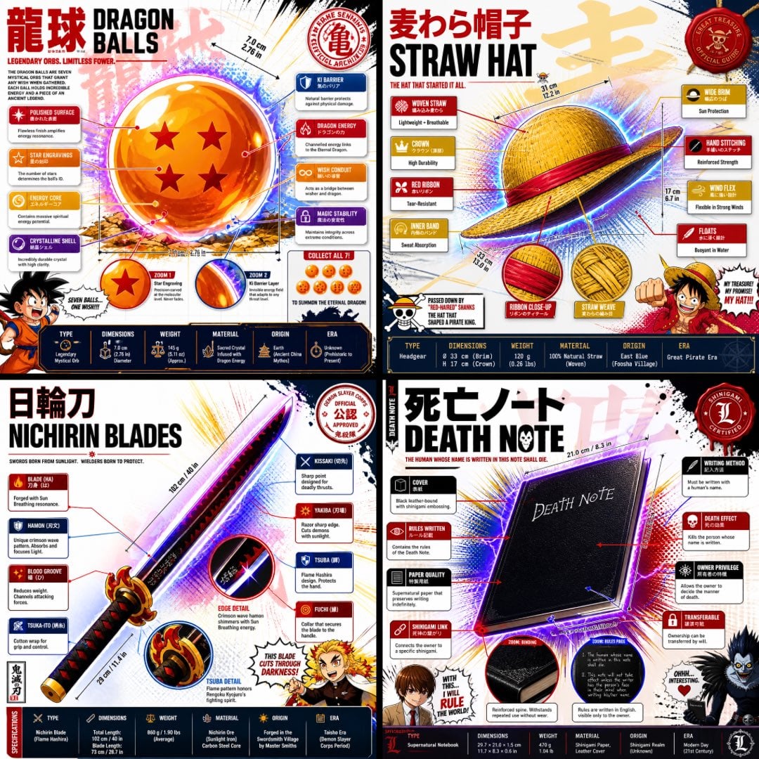 1:1 square anime infographic poster, premium official fanbook spread style — like the Dem…