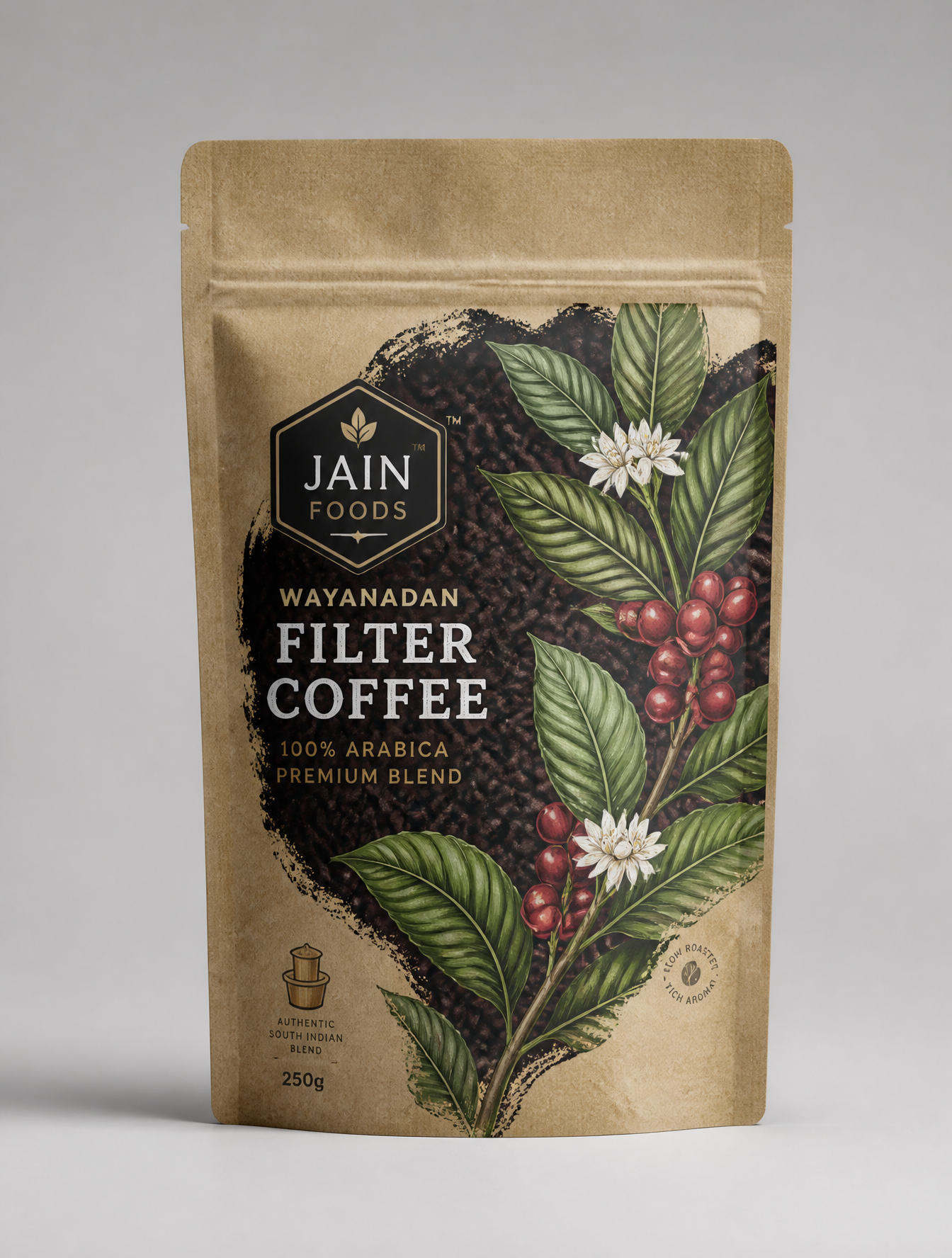 A vertical kraft paper stand-up pouch for "Jain Foods Wayanadan Filter Coffee" stands cen…