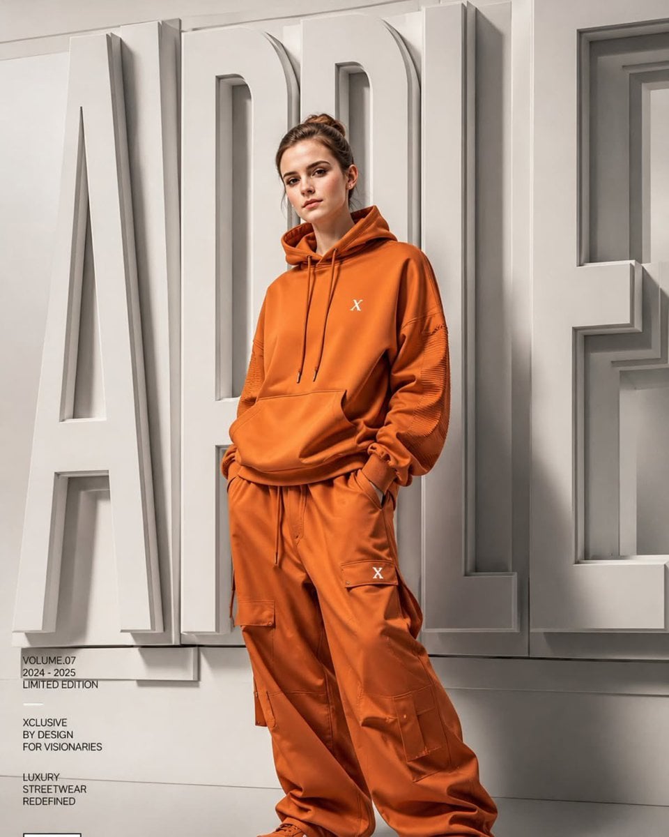 A high-end fashion campaign poster featuring a young model standing confidently in front …