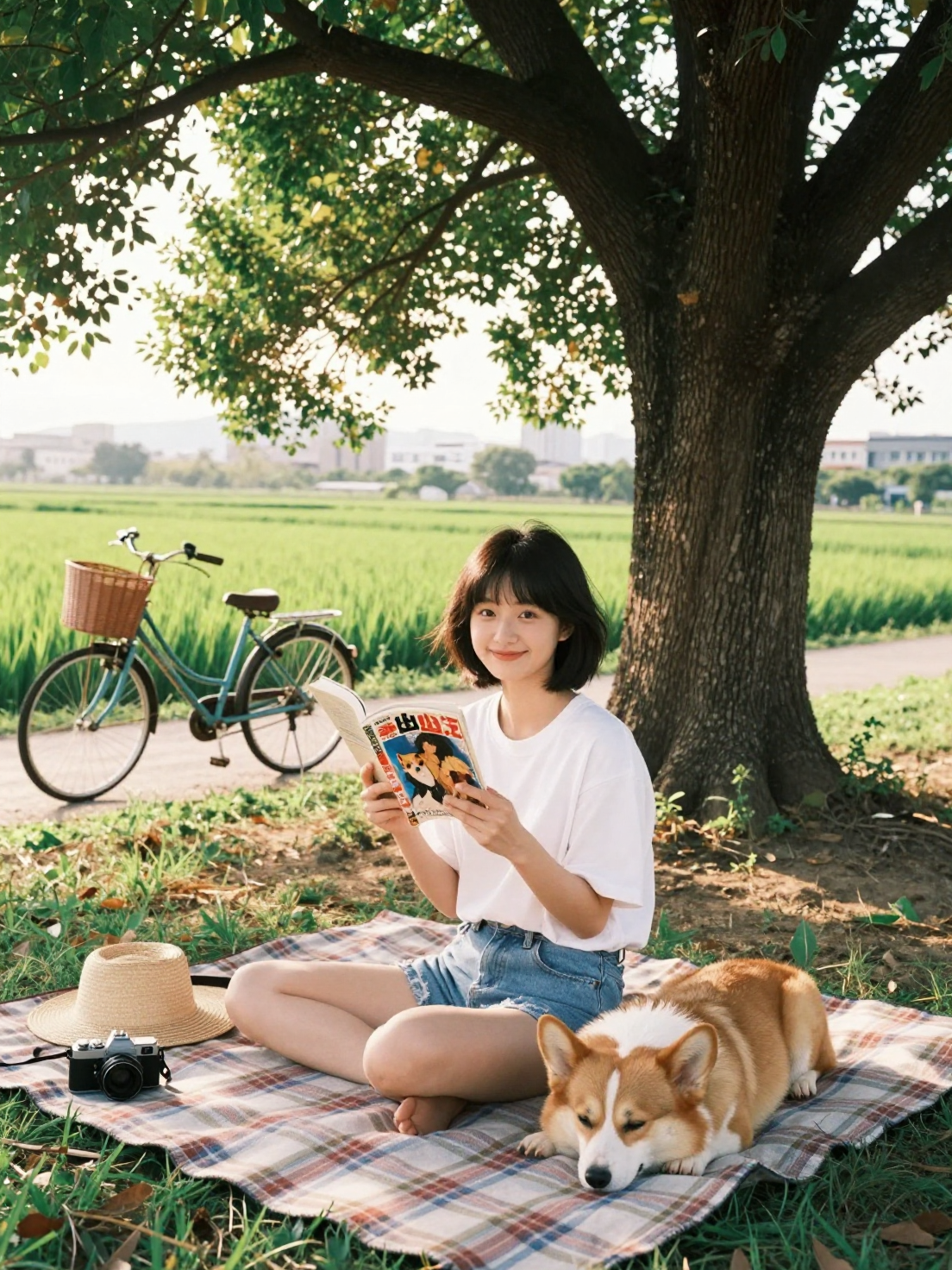 A cinematic 35mm film photography shot of a beautiful 19-year-old East Asian girl sitting…