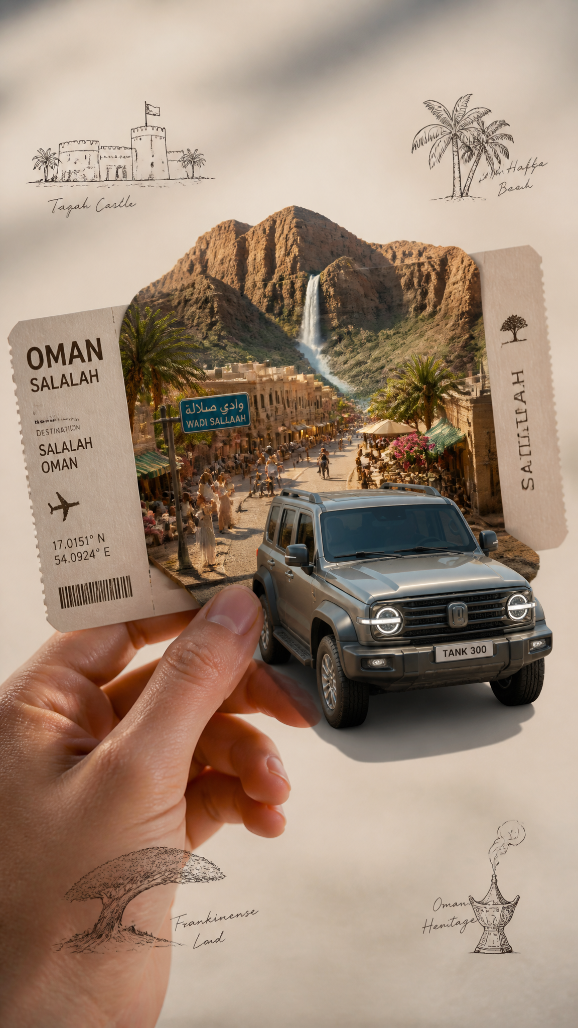 Create an ultra-photorealistic luxury travel-art masterpiece featuring a human hand natur…