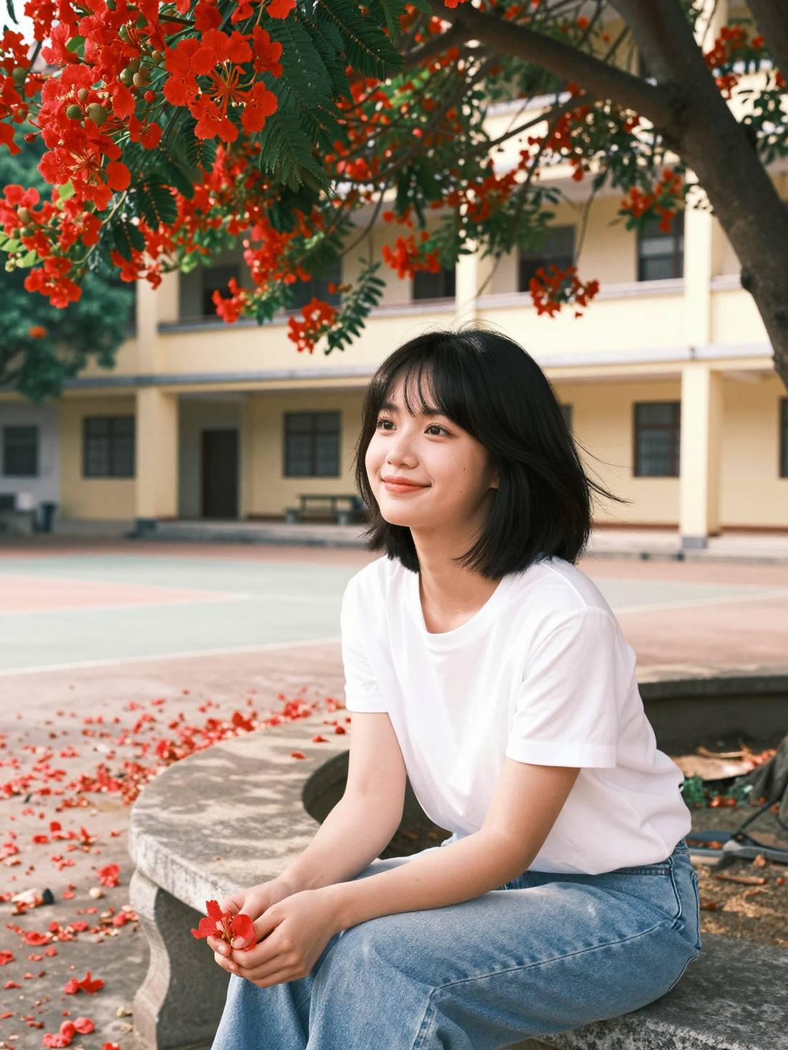Linh An, young Vietnamese woman, same facial identity as reference image, short black lay…