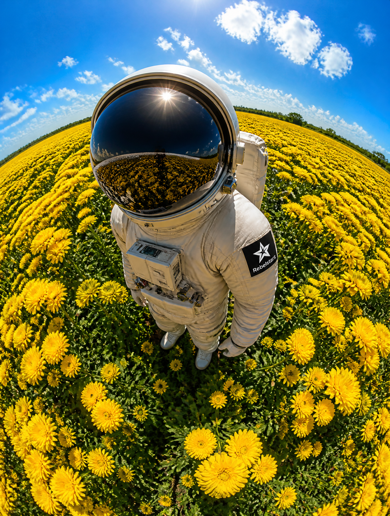 change the environment into flower fields, in bright yellow colored flowers, green leaves…