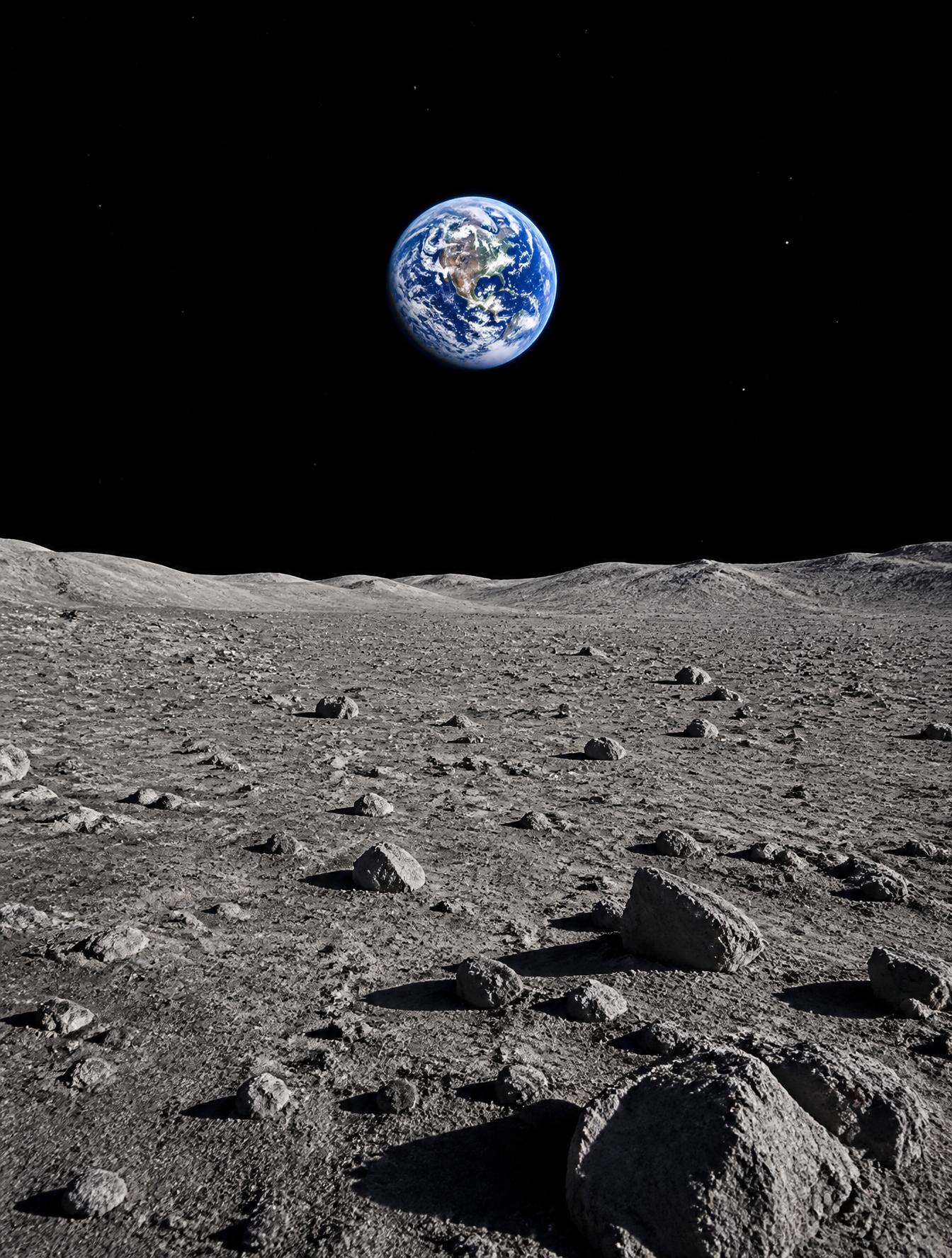 A photorealistic view from the surface of the Moon looking at Earth. The foreground is th…