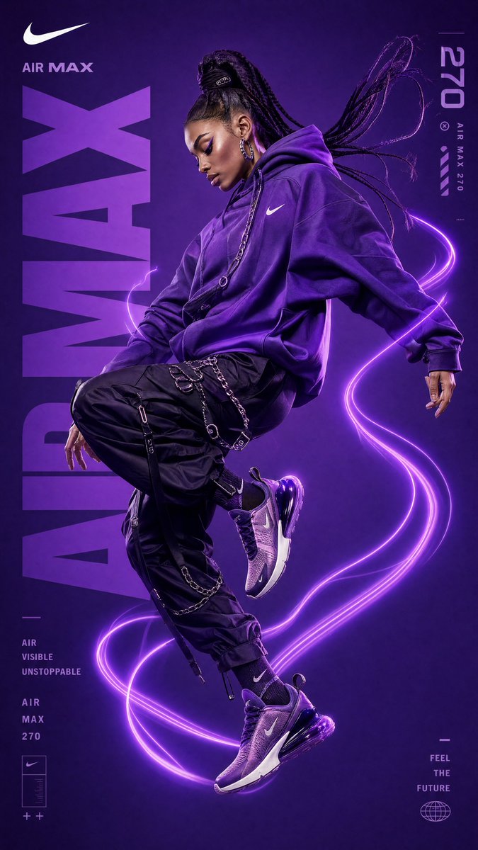 Ultra-premium Nike fashion advertising campaign, full-body female streetwear model floati…