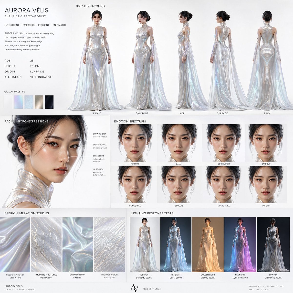 Create a high-end cinematic character design board of a futuristic female protagonist for…