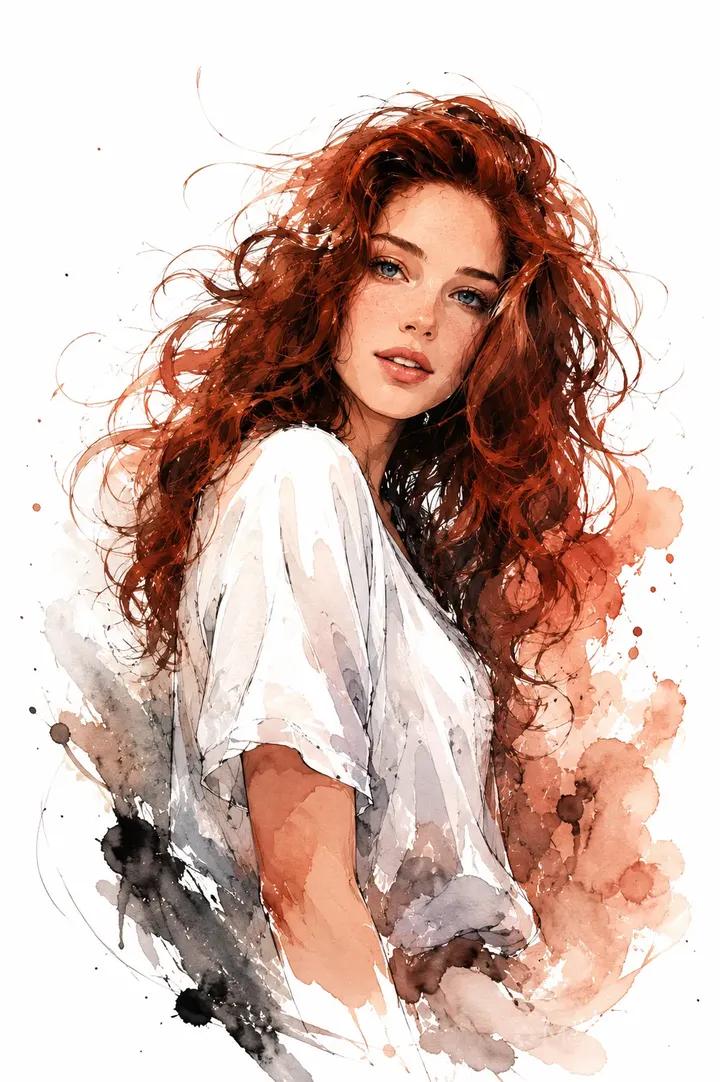 Portrait of a young woman with long messy curly red hair, wearing loose white t-shirt, lo…