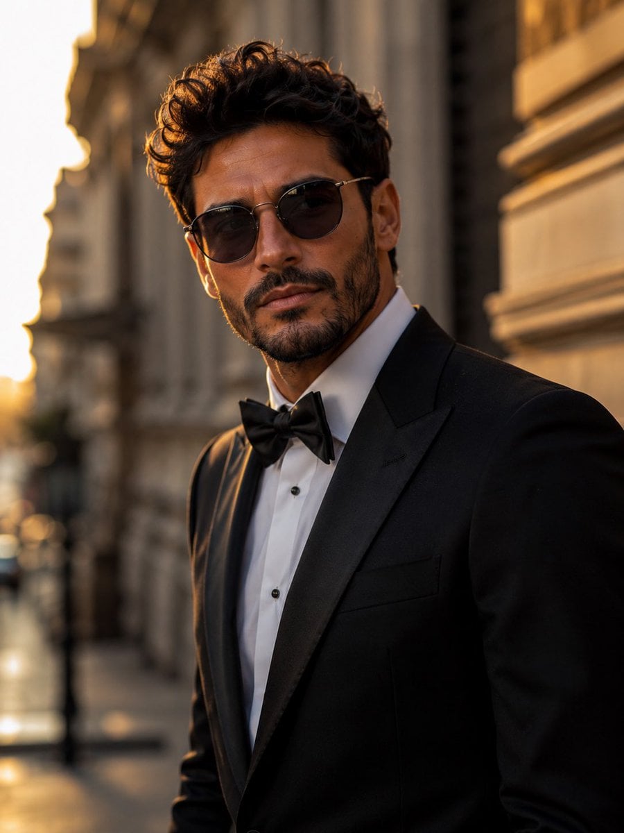Ultra-realistic cinematic portrait of a stylish young man standing on an elegant European…