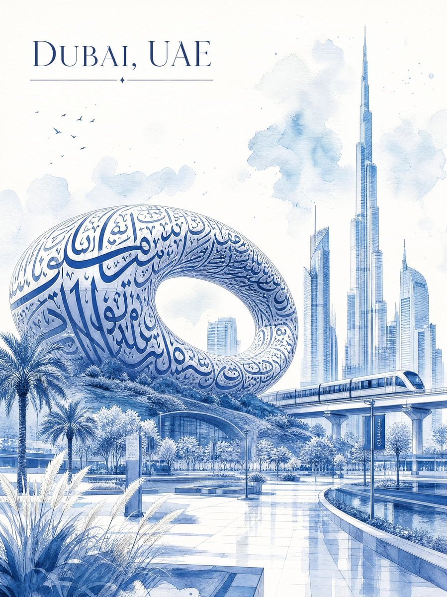 Ultra-luxury minimalist watercolor travel poster of Dubai, UAE, rendered in elegant monoc…