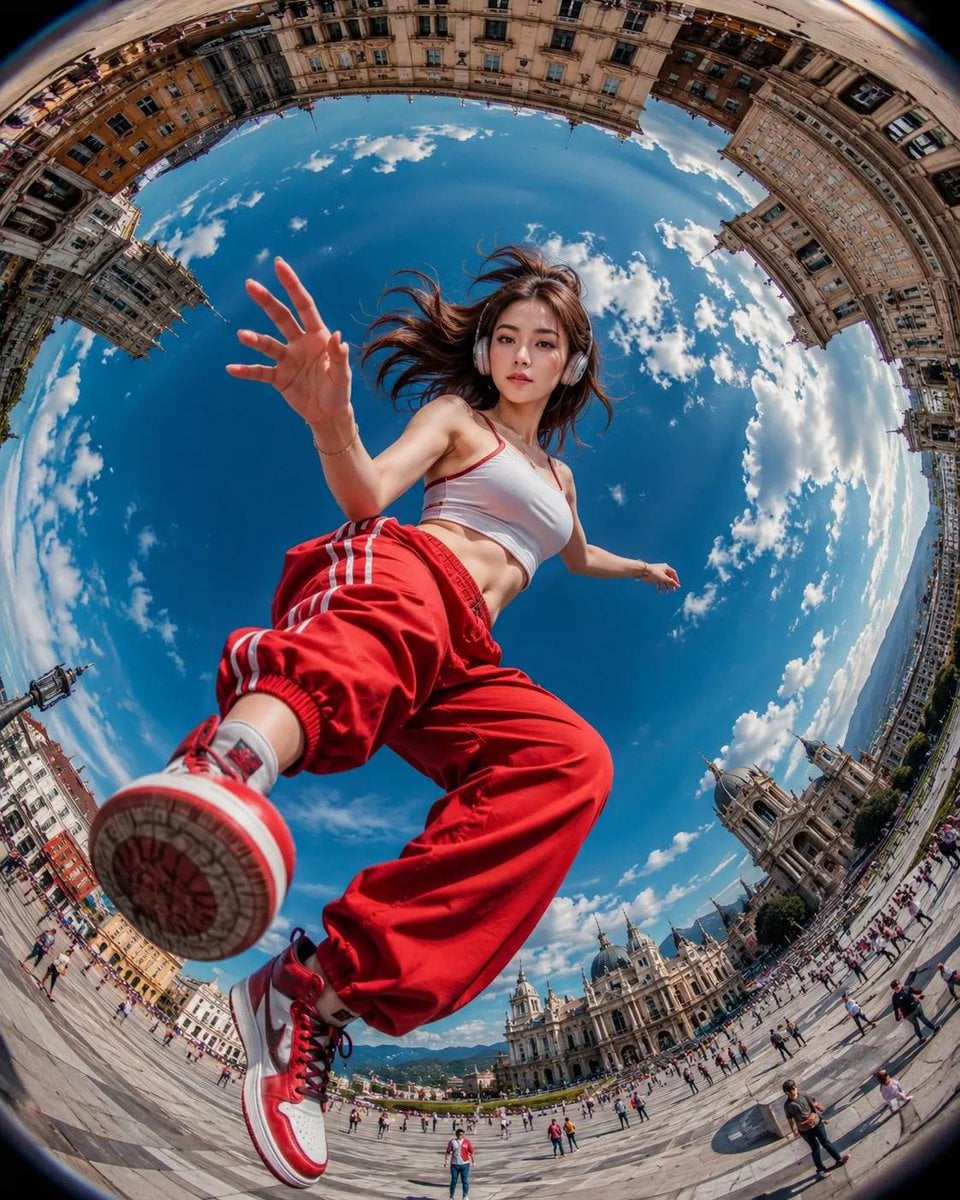 Ultra-realistic action photography, extreme fisheye lens (8mm), worm’s-eye view from grou…