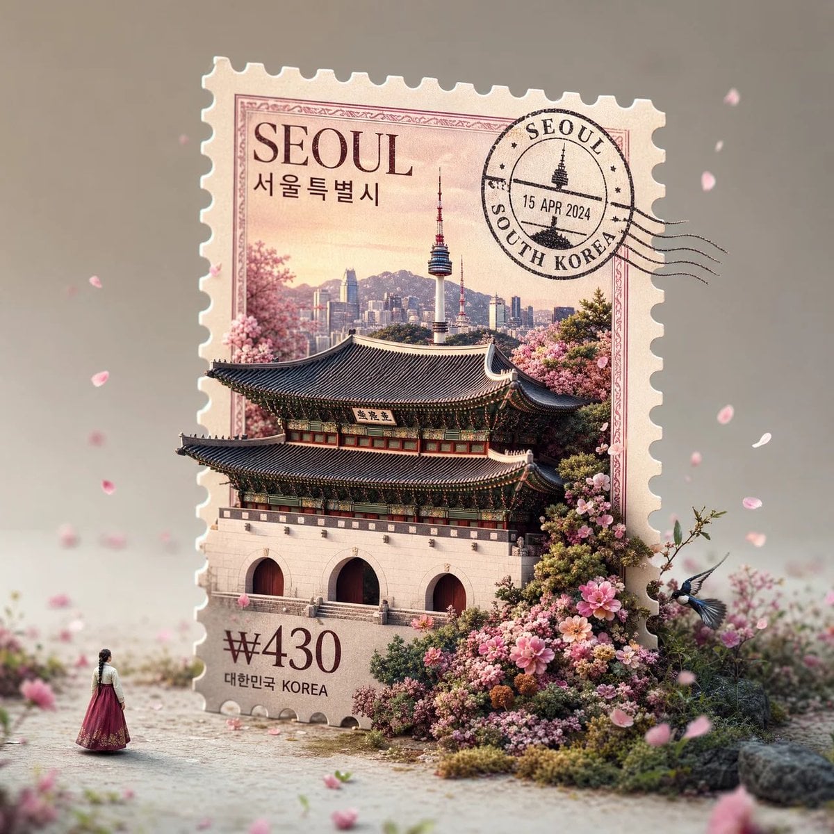 A hyper-realistic macro photography shot of a giant, freestanding vintage postage stamp f…