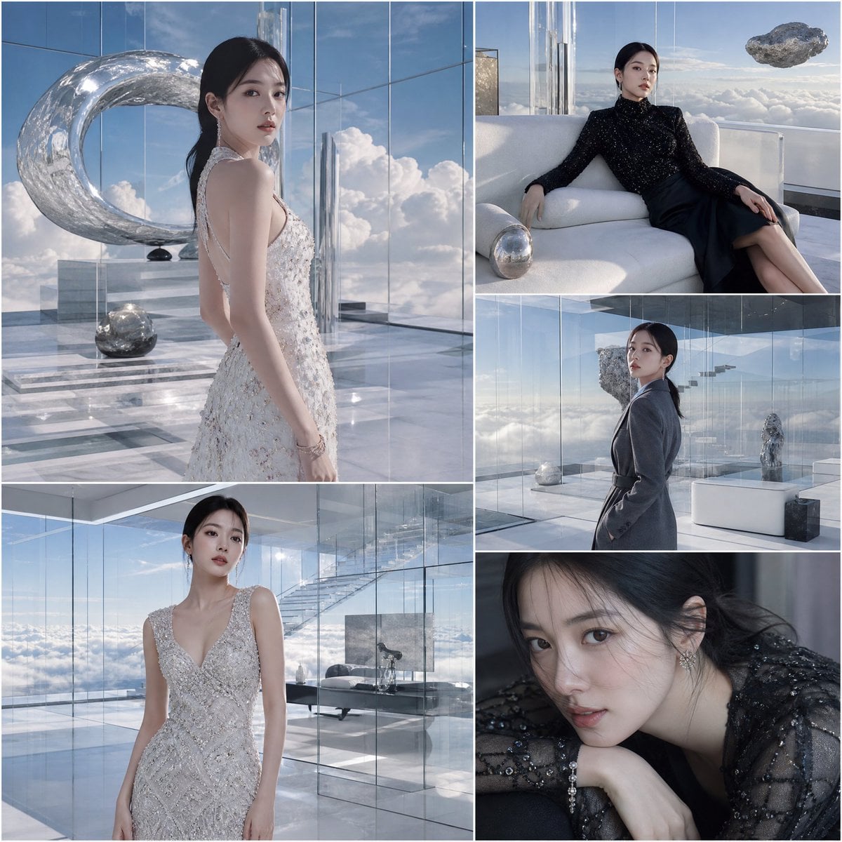 A luxury fashion collage featuring a stylish Korean female celebrity inside a fully trans…
