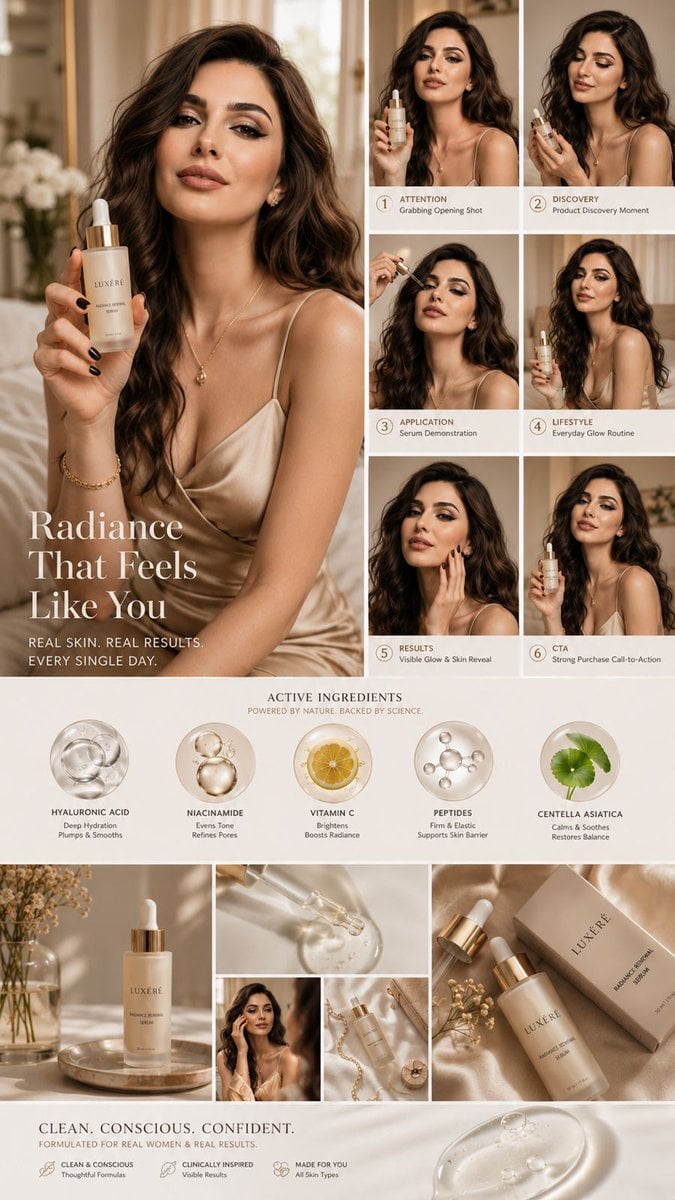 Luxury skincare UGC campaign mood board, designed around the same young woman as the refe…
