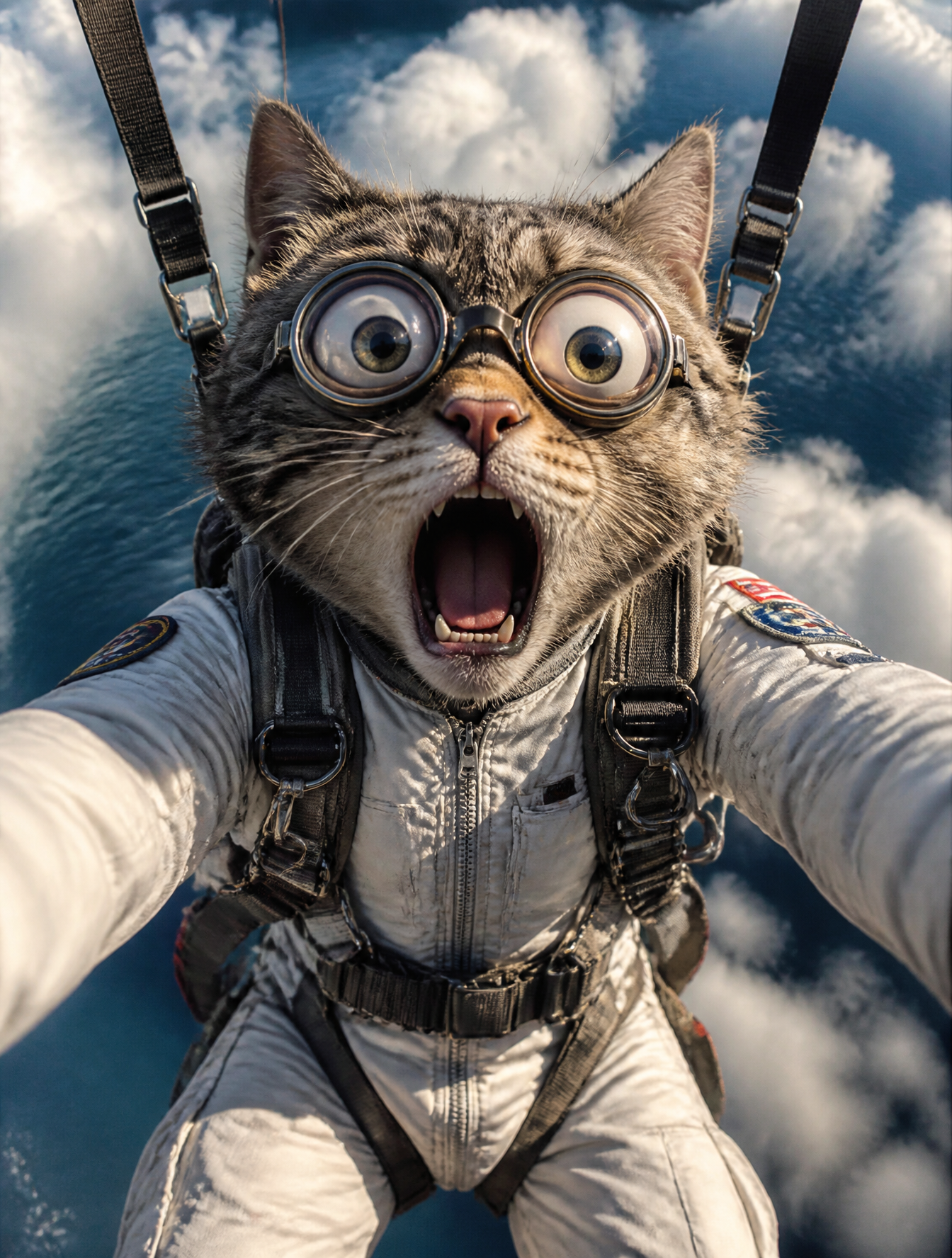 A hyper-realistic cat with a humanoid face reflecting pure emotion, its mouth agape in as…