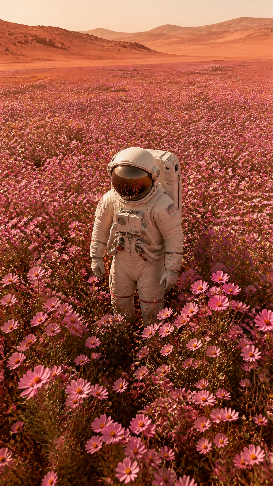 A highly detailed astronaut in a realistic, well-textured space suit standing at the cent…