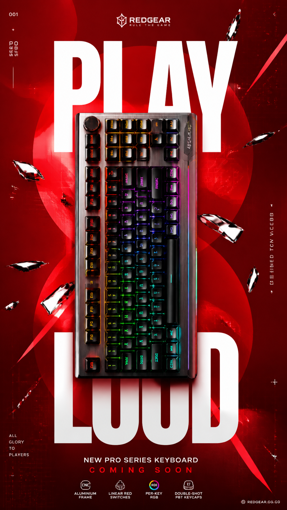A premium commercial advertising poster for a luxury gaming keyboard launch.Central Subje…