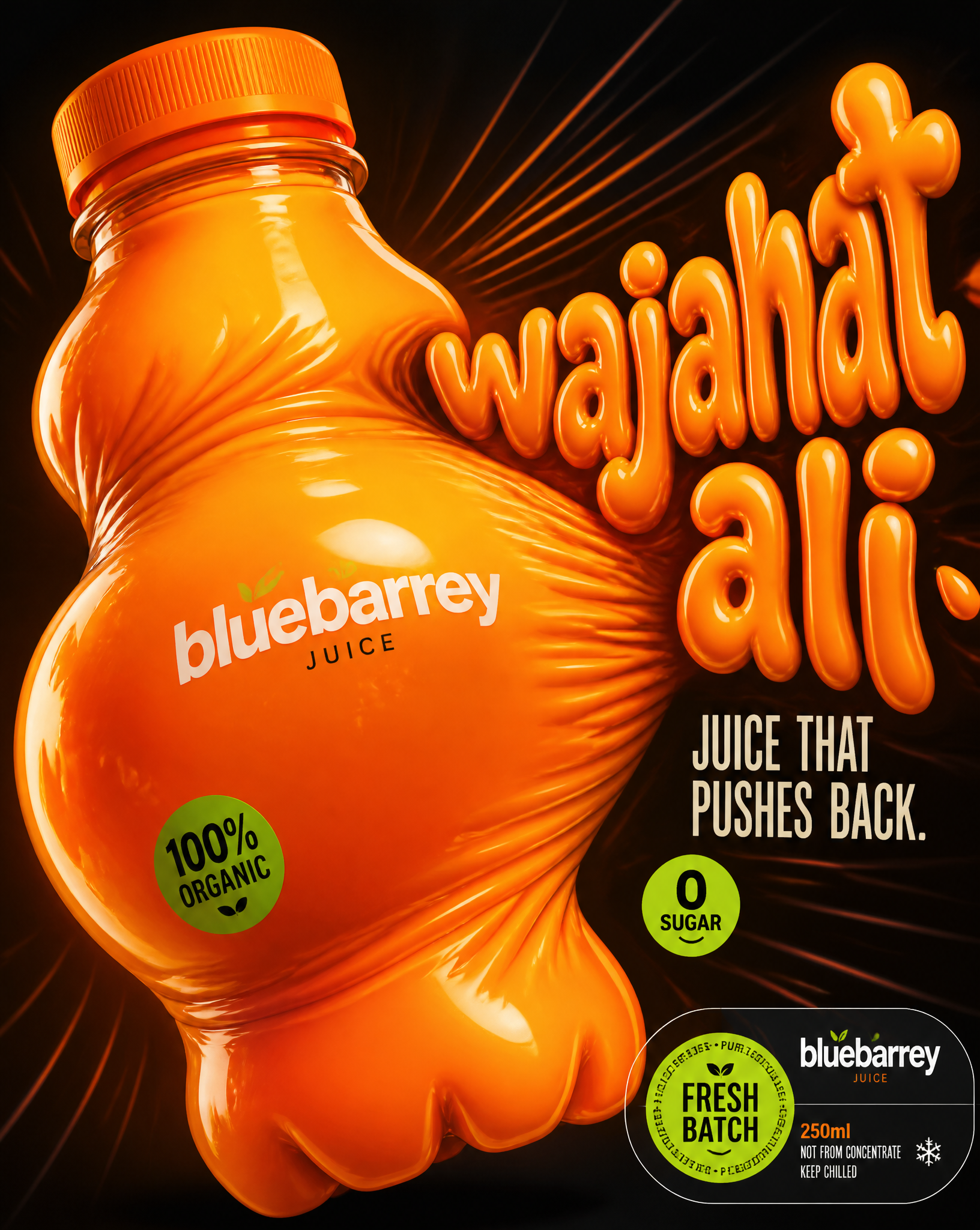 Design a '4:5' product poster for an 'bluebarrey' juice 3d bottle using playful inflatabl…