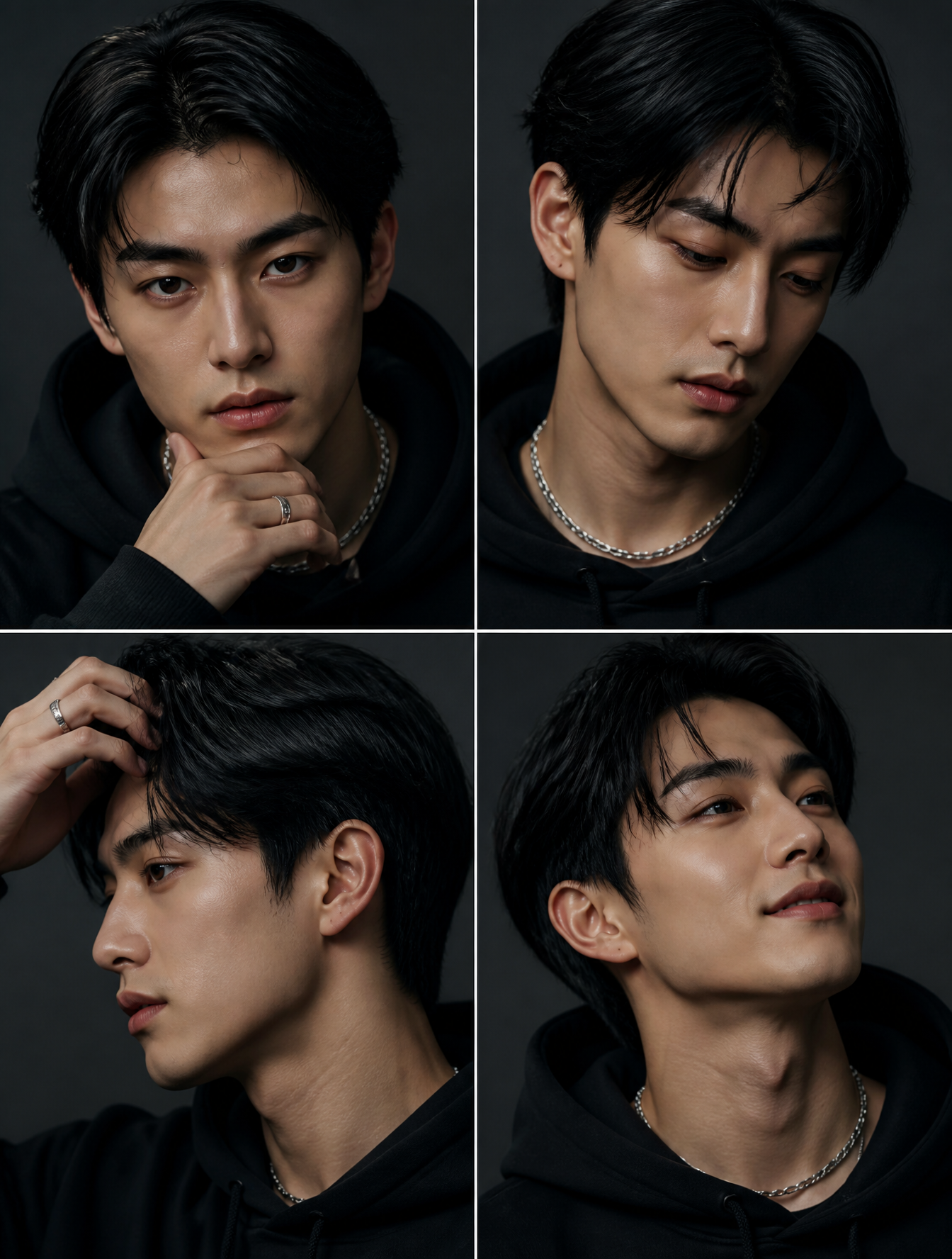 Prompt:A 2x2 portrait photo grid of an extremely handsome Japanese man shot on a smartpho…