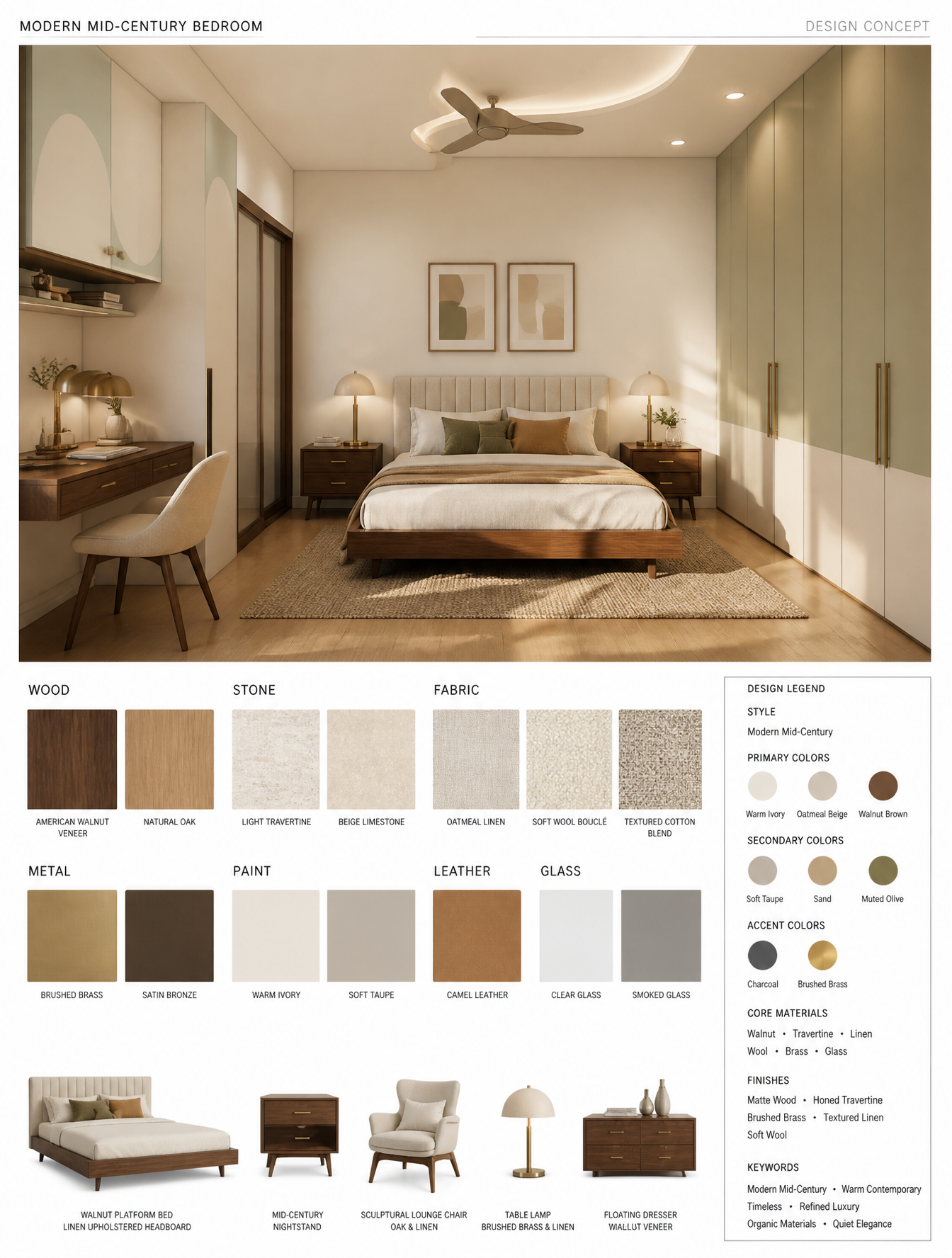 MODERN MID-CENTURY BEDROOM — HIGH-END INTERIOR DESIGN MOOD BOARDCreate a luxury interior …