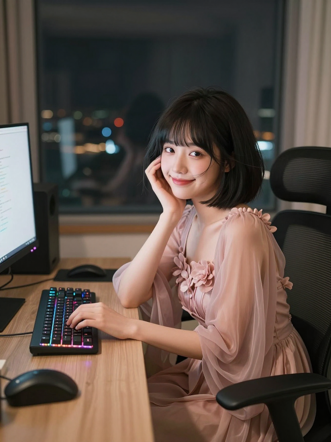 A young East Asian woman with a short black bob haircut and wispy bangs is sitting in her…