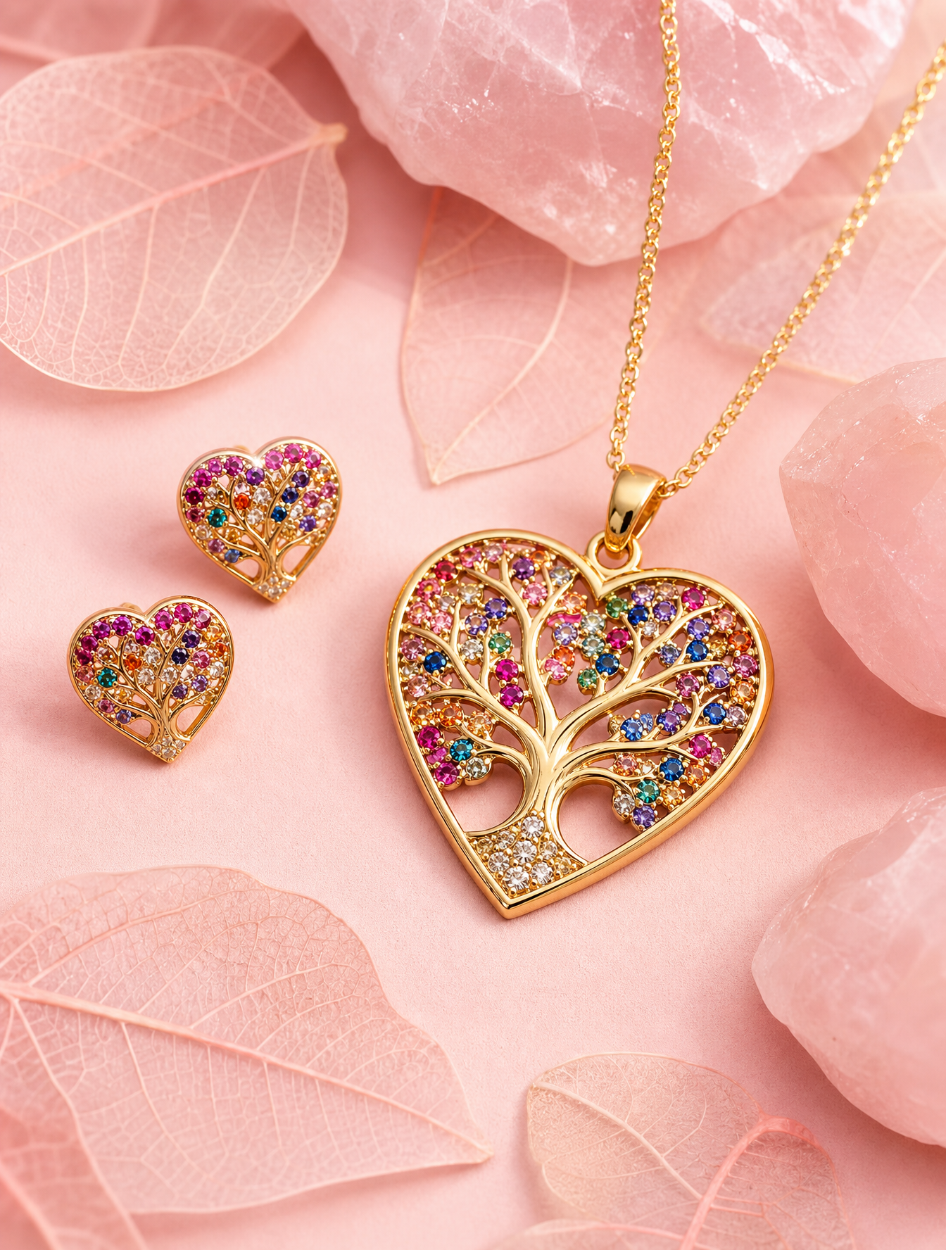 A gold heart-shaped pendant featuring a Tree of Life motif encrusted with vibrant multi-c…
