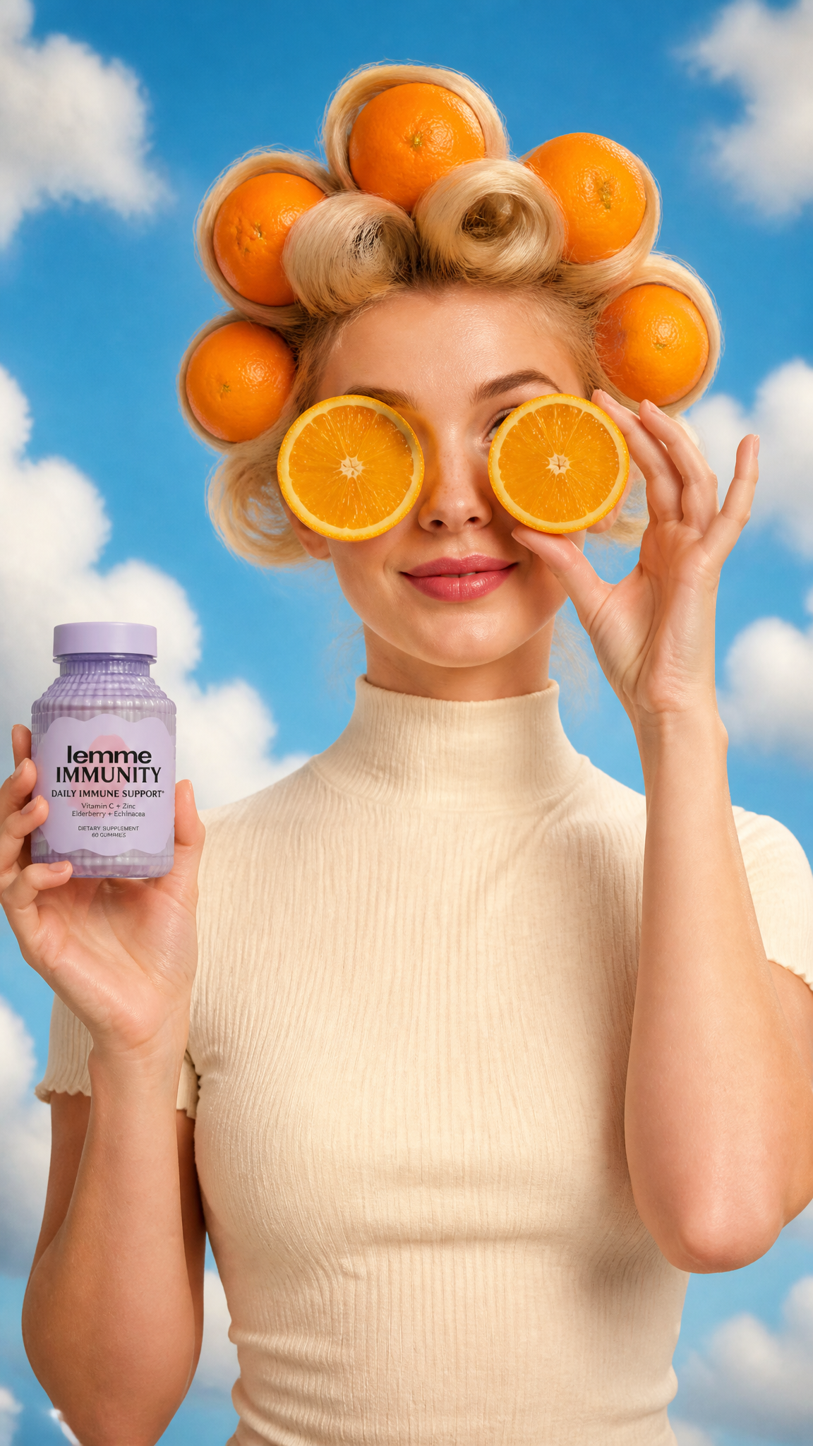A young Caucasian woman with blonde hair styled in curlers and adorned with whole oranges…
