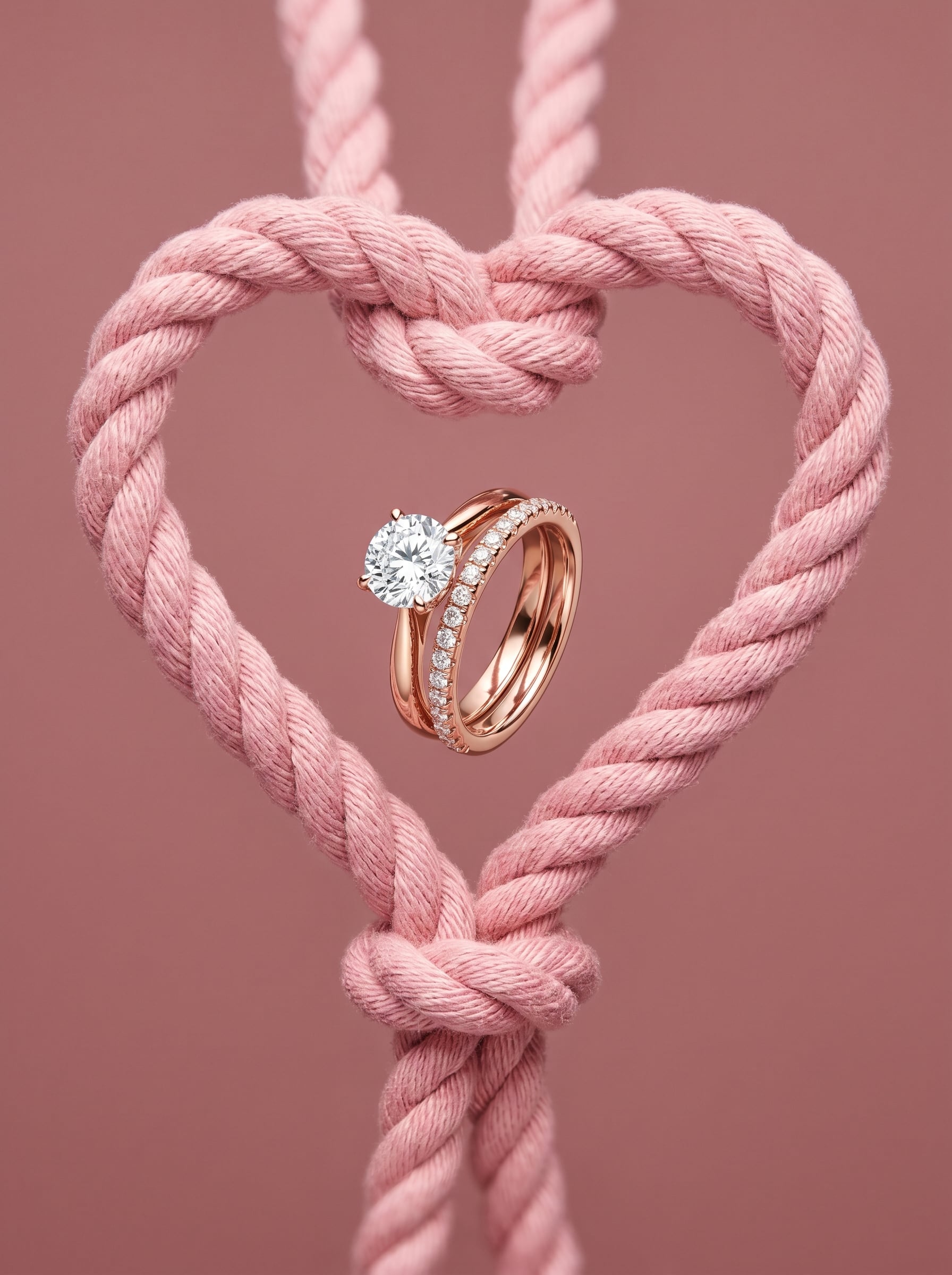 A pair of intertwined rose gold engagement rings featuring a prominent solitaire diamond …