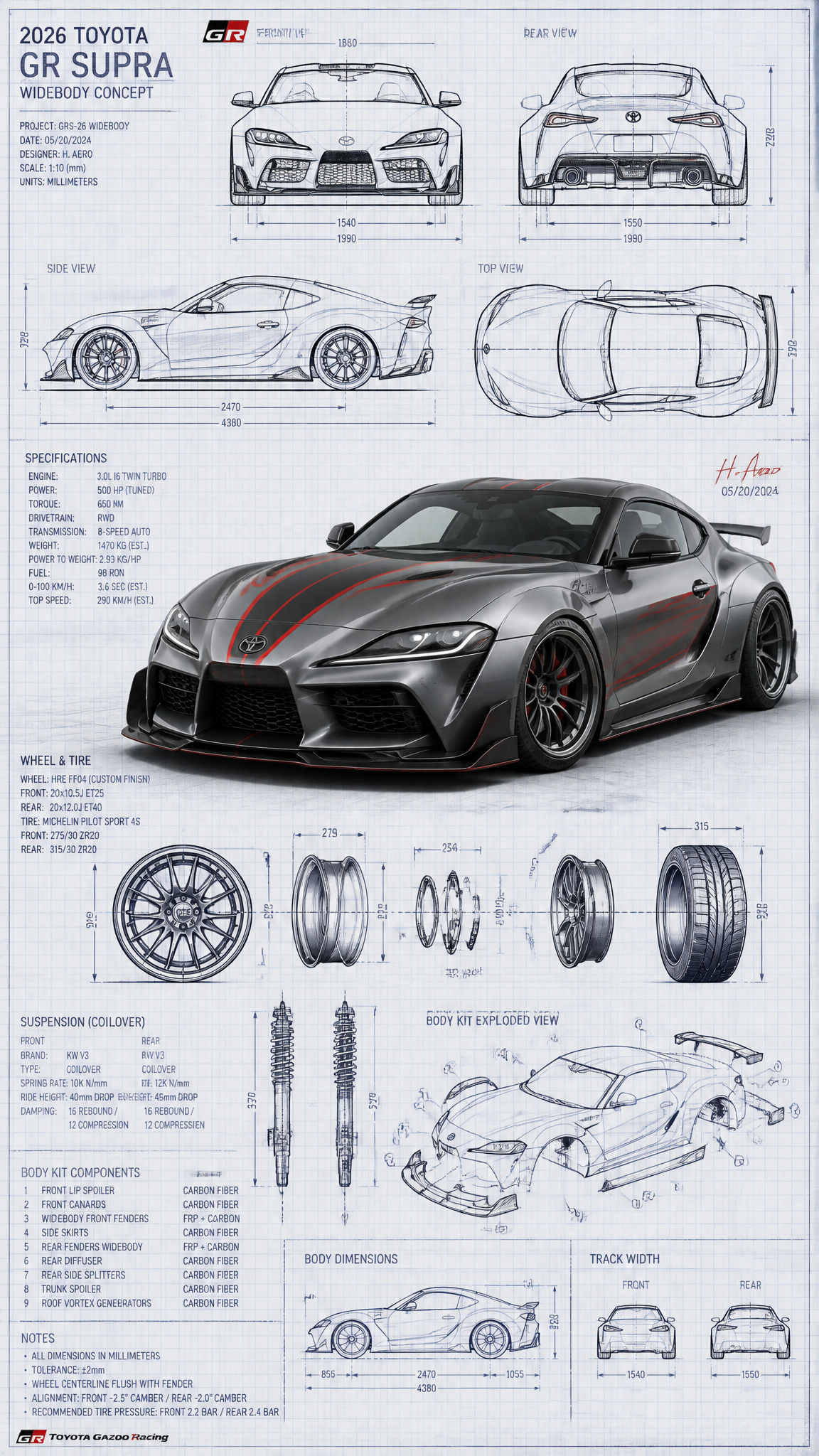 Highly detailed technical blueprint sketch and realistic 3D–render fusion of a custom mod…