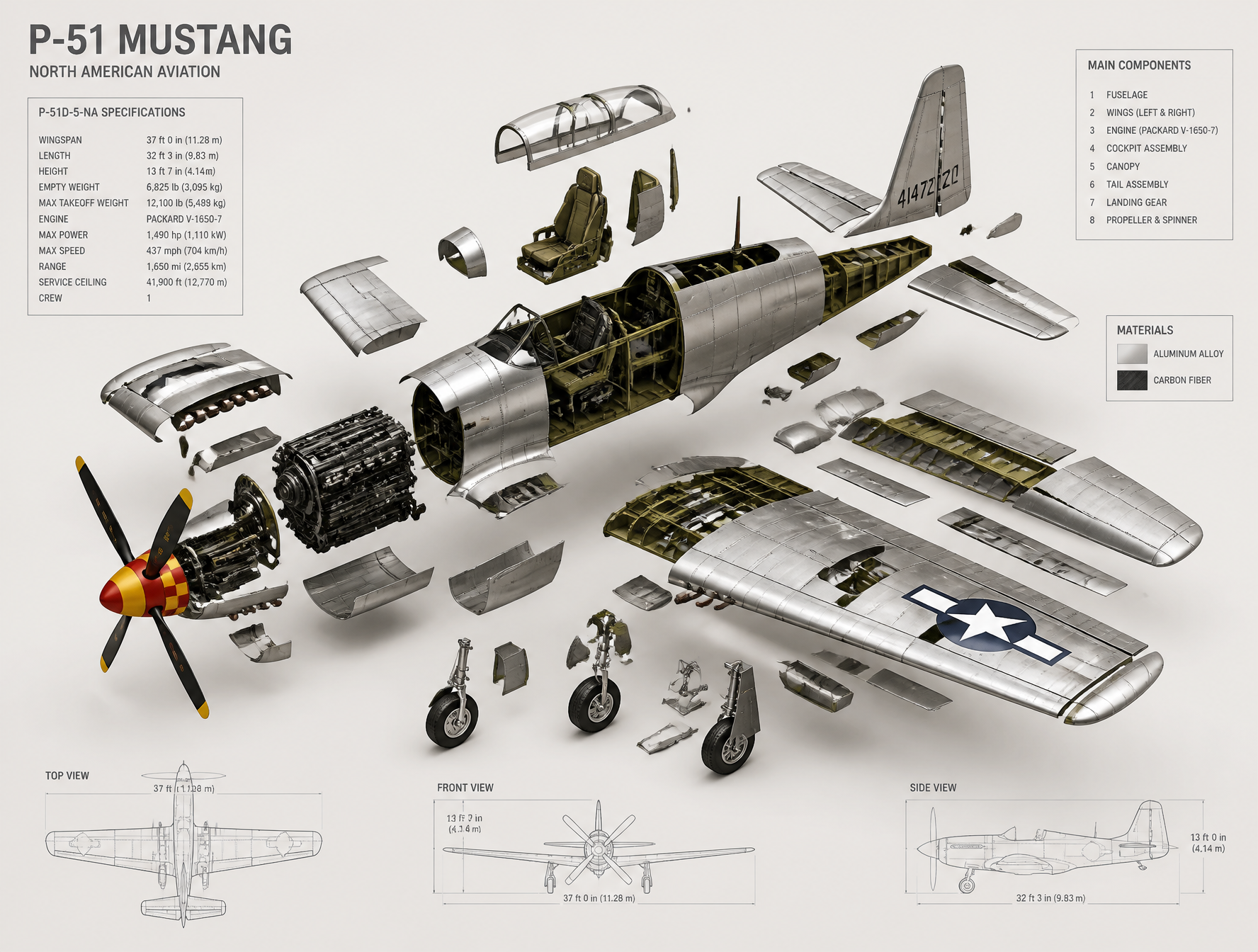 High-end 3D CAD exploded view diagram of a [p51 mustang], ready for framing. The aircraft…
