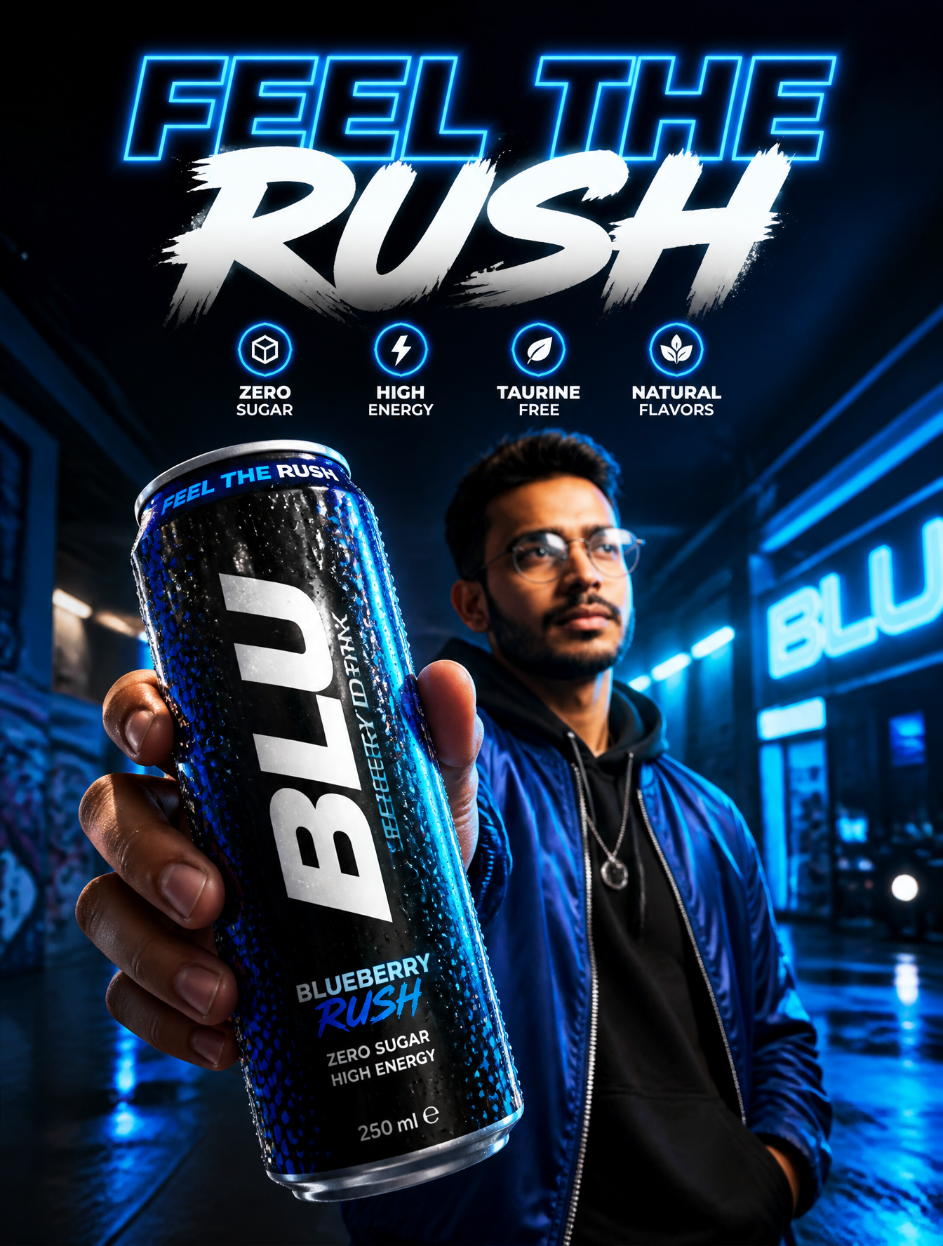Create a premium high-energy modern beverage advertisement poster in a vertical 3:4 forma…