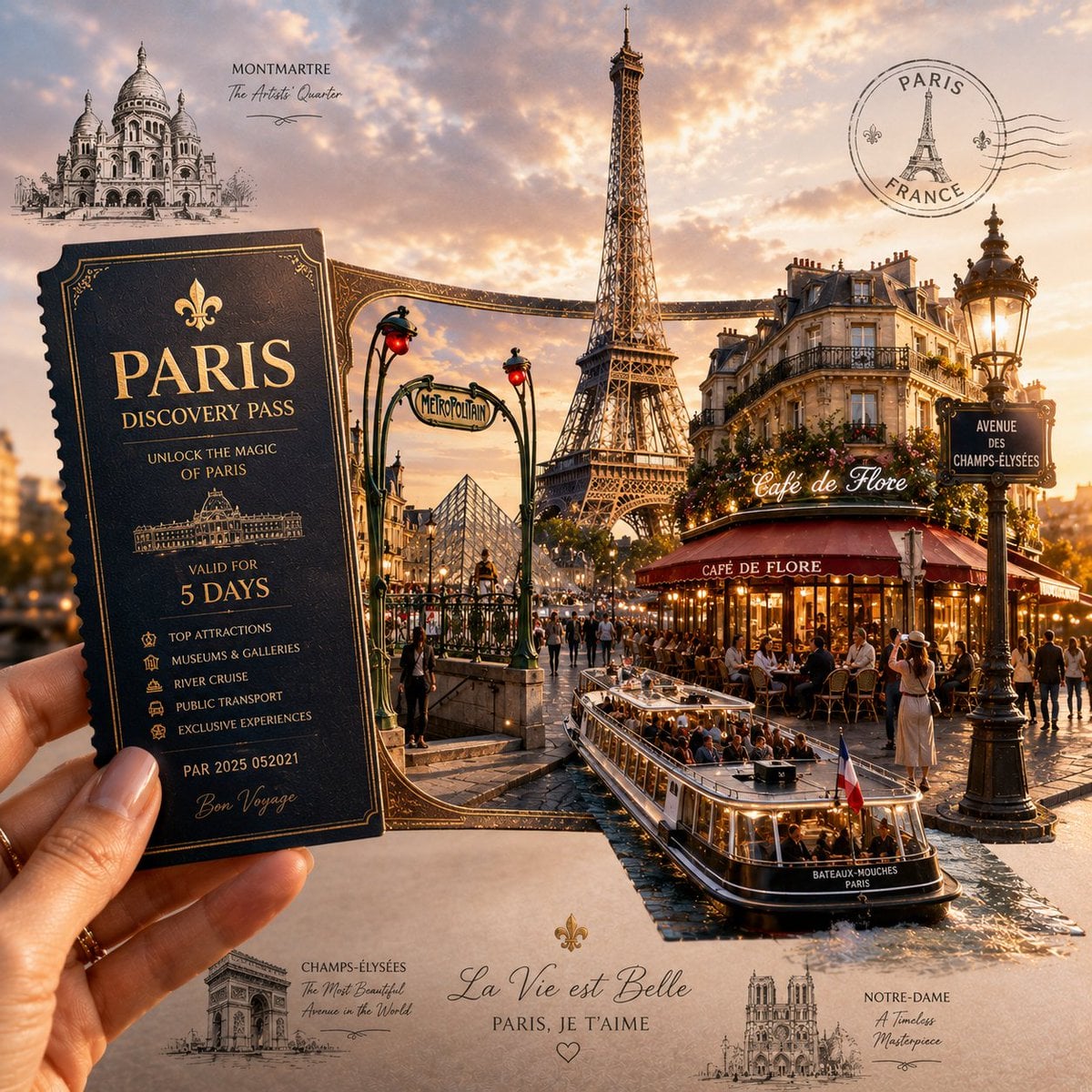 Create a highly detailed, premium travel-art illustration featuring a hand holding a [CIT…