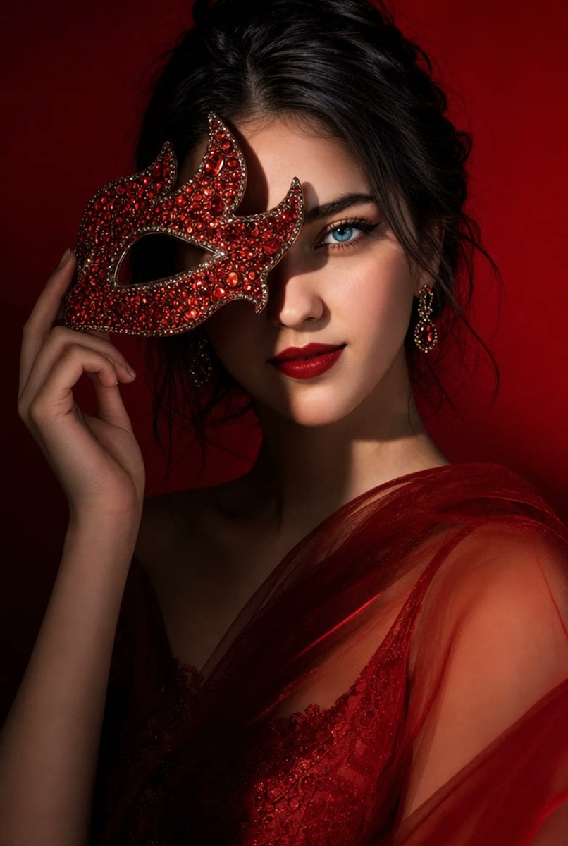 Editorial beauty portrait of a young woman holding a crystal-encrusted red rhinestone mas…