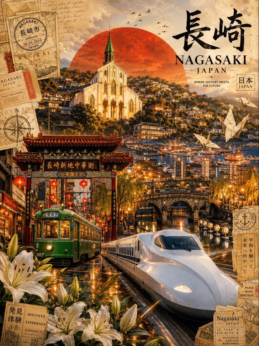 Ultra-viral cinematic travel poster of Nagasaki, Japan, designed for Pinterest, Instagram…