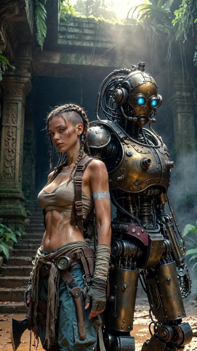 Ultra-photorealistic cinematic sci-fi still. A female adventurer with subtle cybernetic o…