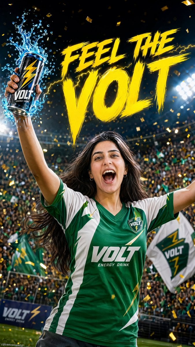 A high-energy commercial product advertisement for VOLT Energy Drink. A beautiful young w…