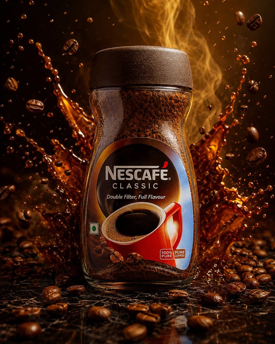 Ultra premium Nescafé coffee jar standing on a polished black marble platform, surrounded…