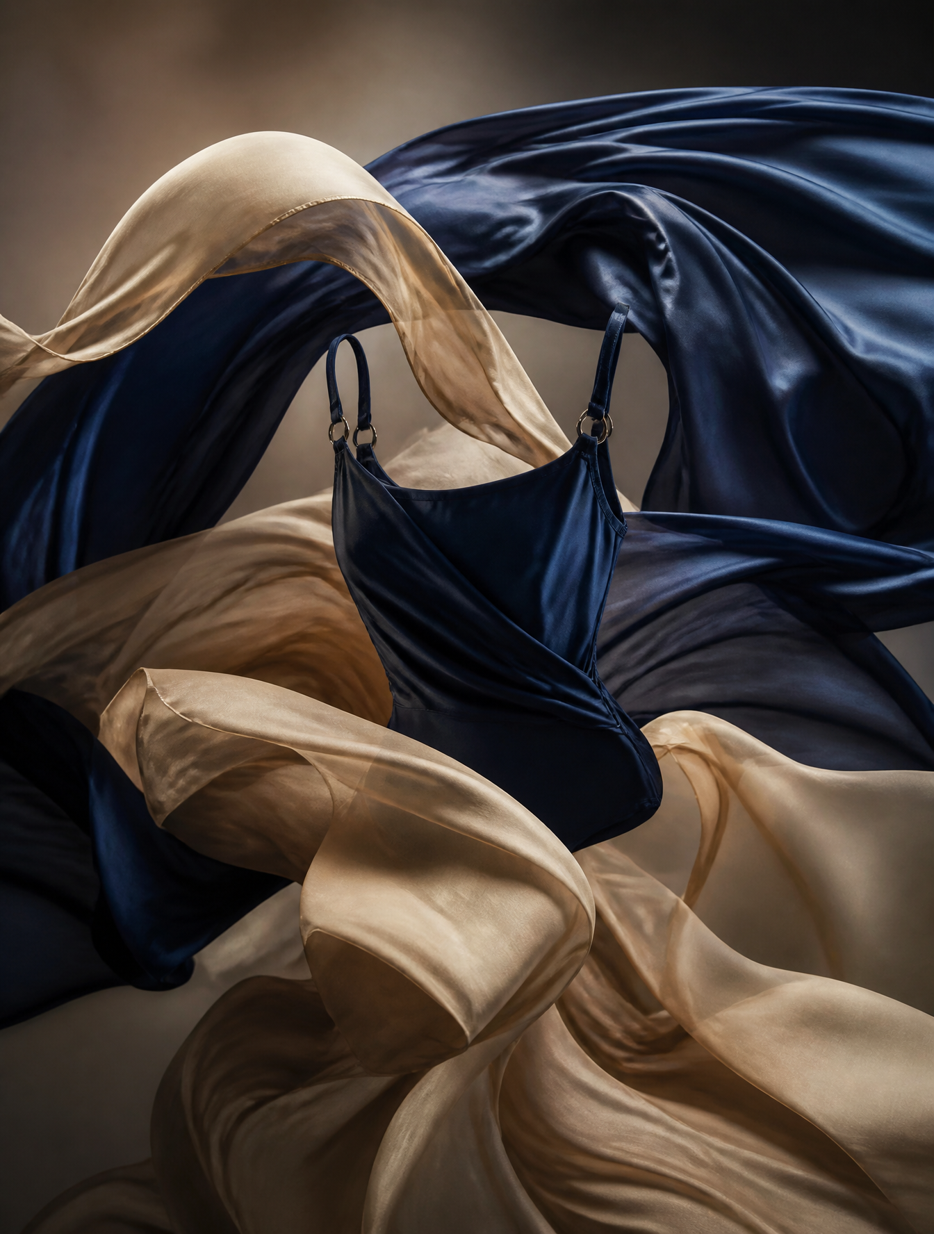 Hero section visual for a high-end swimwear manufacturer. Editorial magazine cover style,…