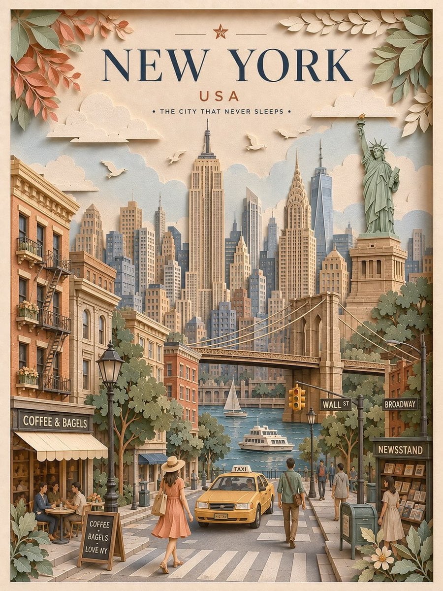 Create a highly detailed vertical travel poster in an elegant 3D layered paper-cut / pape…