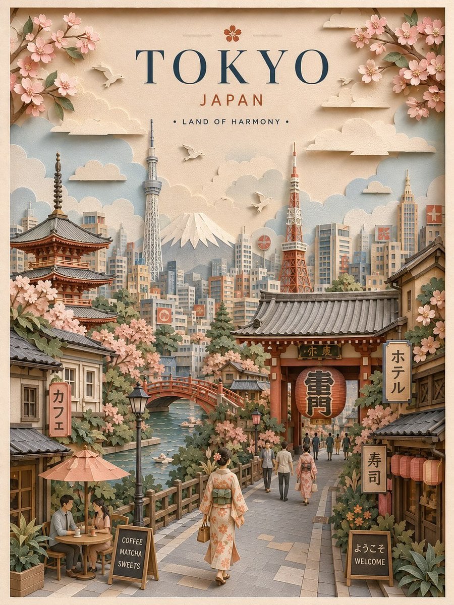 Create a highly detailed vertical travel poster in an elegant 3D layered paper-cut / pape…