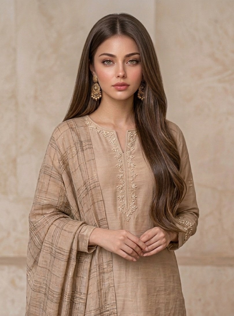 A professional fashion portrait of a beautiful young South Asian woman. She has long, vol…