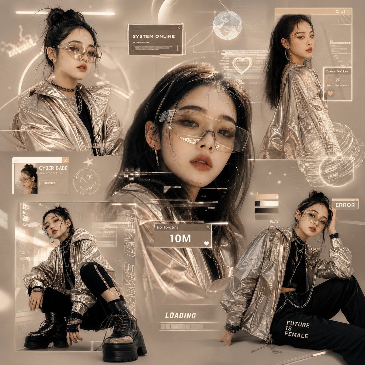 Create a futuristic Gen-Z fashion collage inspired by digital influencers and Korean stre…