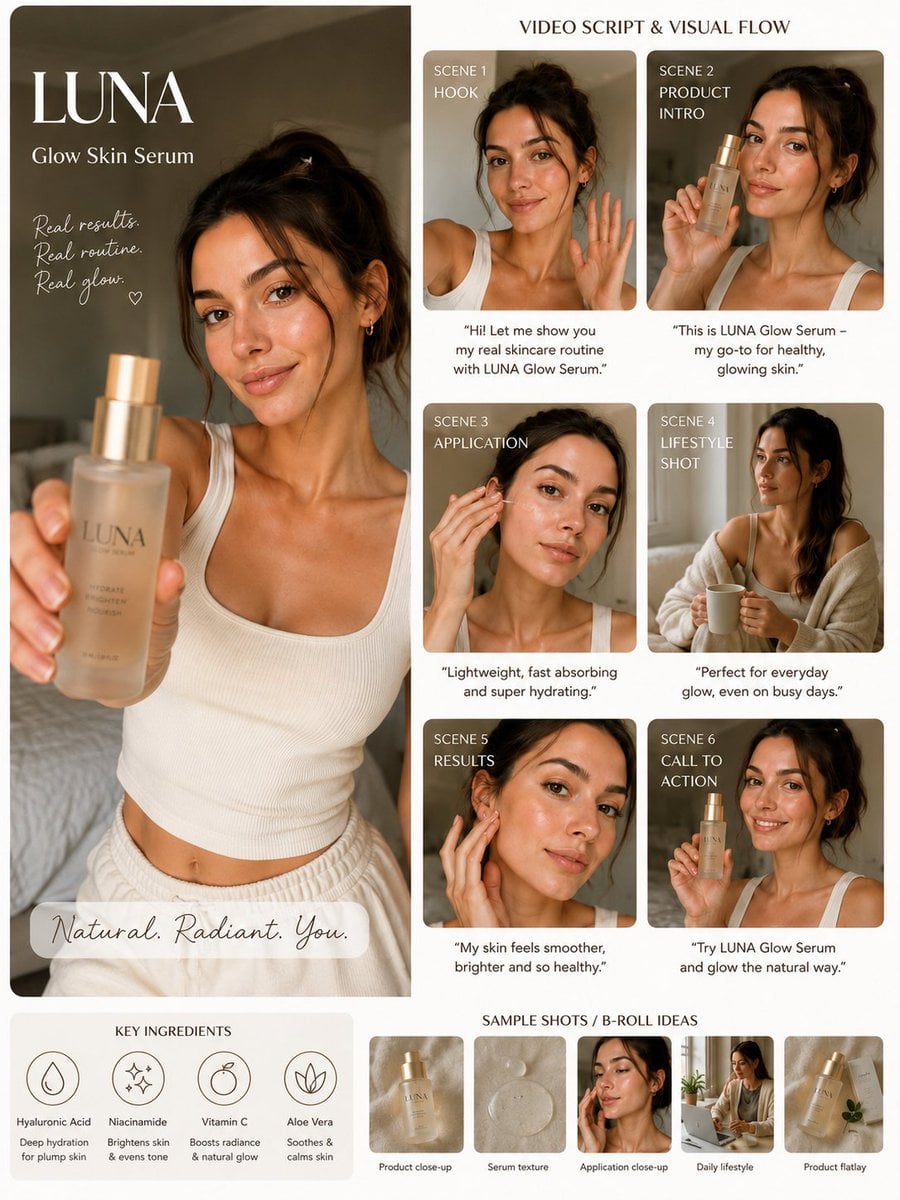 (Luxury AI UGC skincare campaign board), warm beige aesthetic, beautiful female influence…