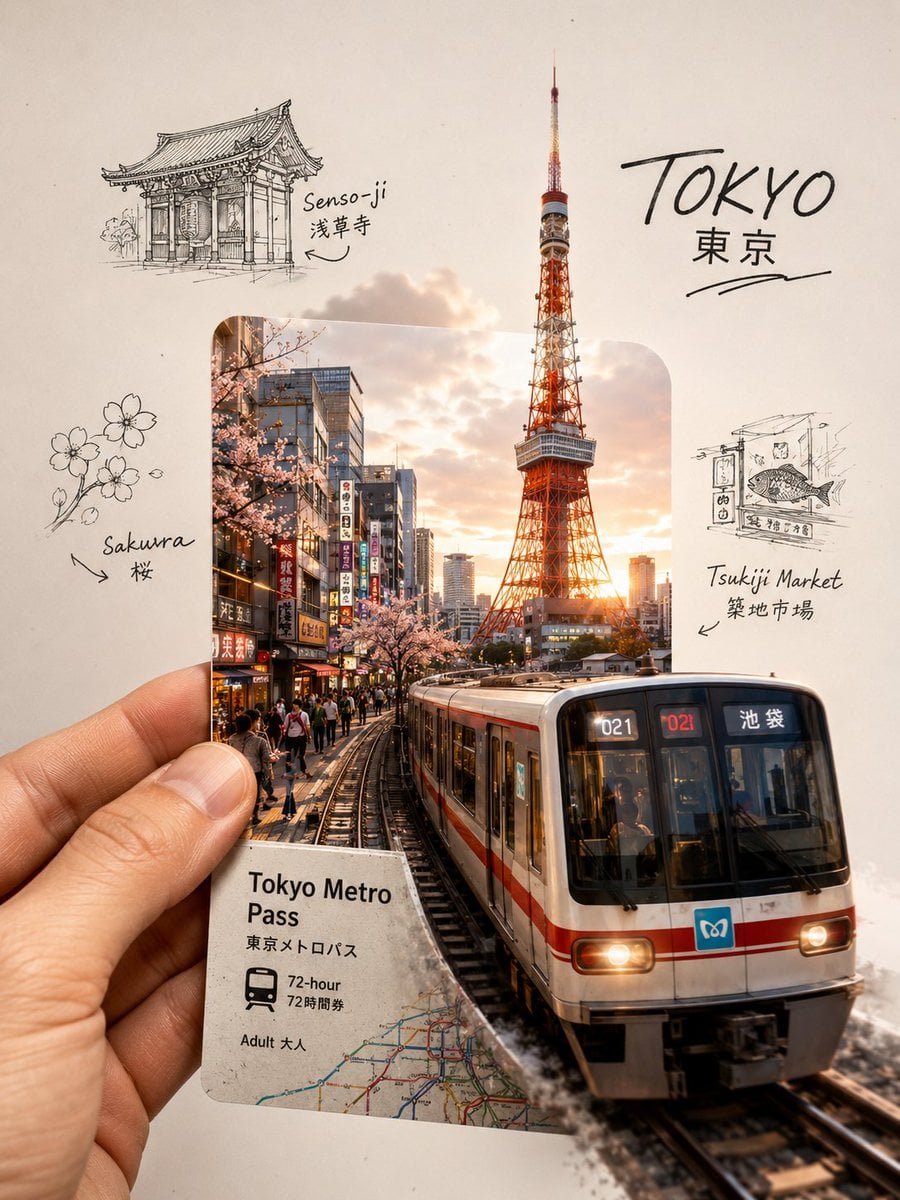 A highly aesthetic travel-journal collage of Tokyo, Japan, designed in a modern Pinterest…
