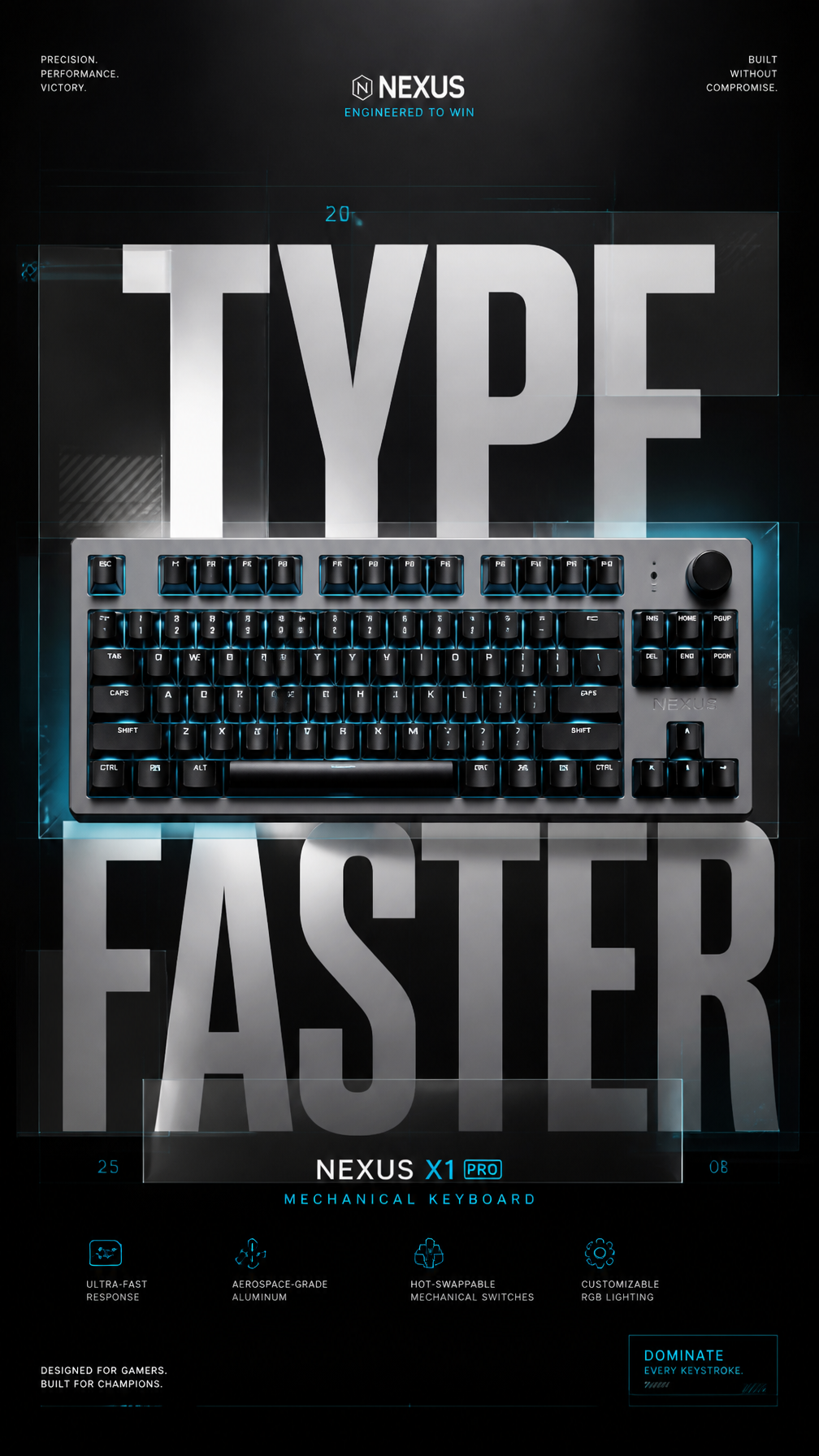 A premium commercial advertising poster for a luxury gaming keyboard launch.Central Subje…